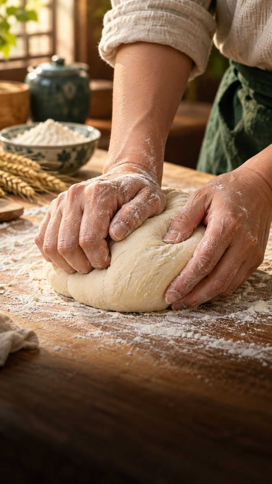 Hands kneading fresh noodle dough on a flour-dusted wooden board